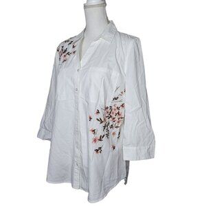 Gloria Vanderbilt Embroidered Button Down Shirt White‎ Pink Floral Womens Large
